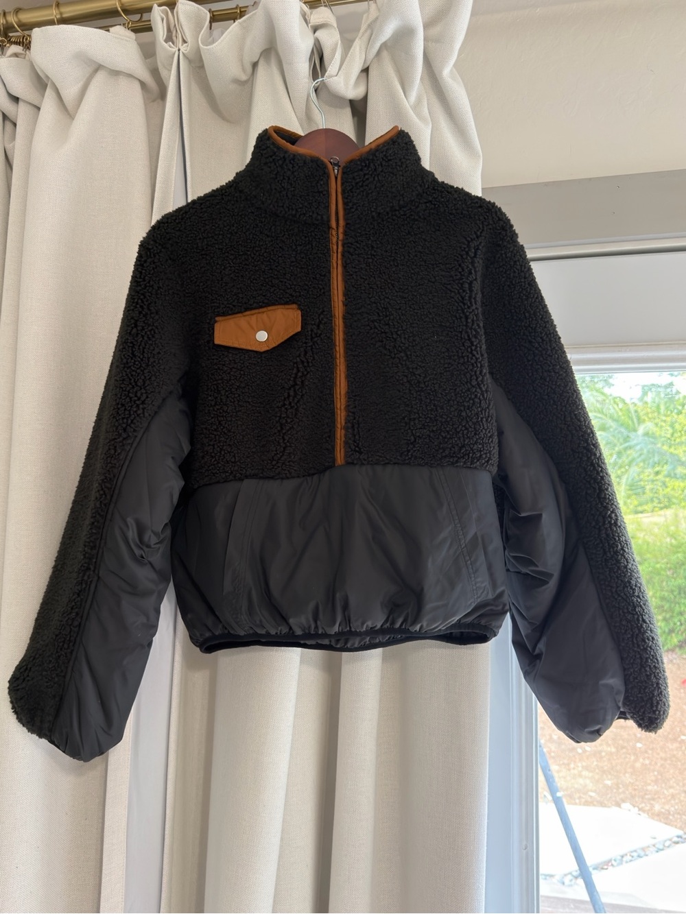 Frame Denim Black Sherpa & Nylon Half-Zip Jacket with Brown Trim